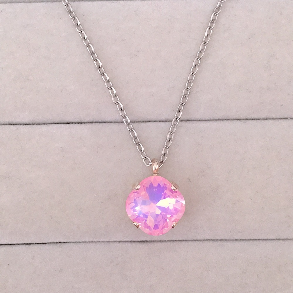 Pink Opal Aurora Borealis + Silver Cushion Cut Crystal Drop Pendant Necklace - Picture 4 of 7
